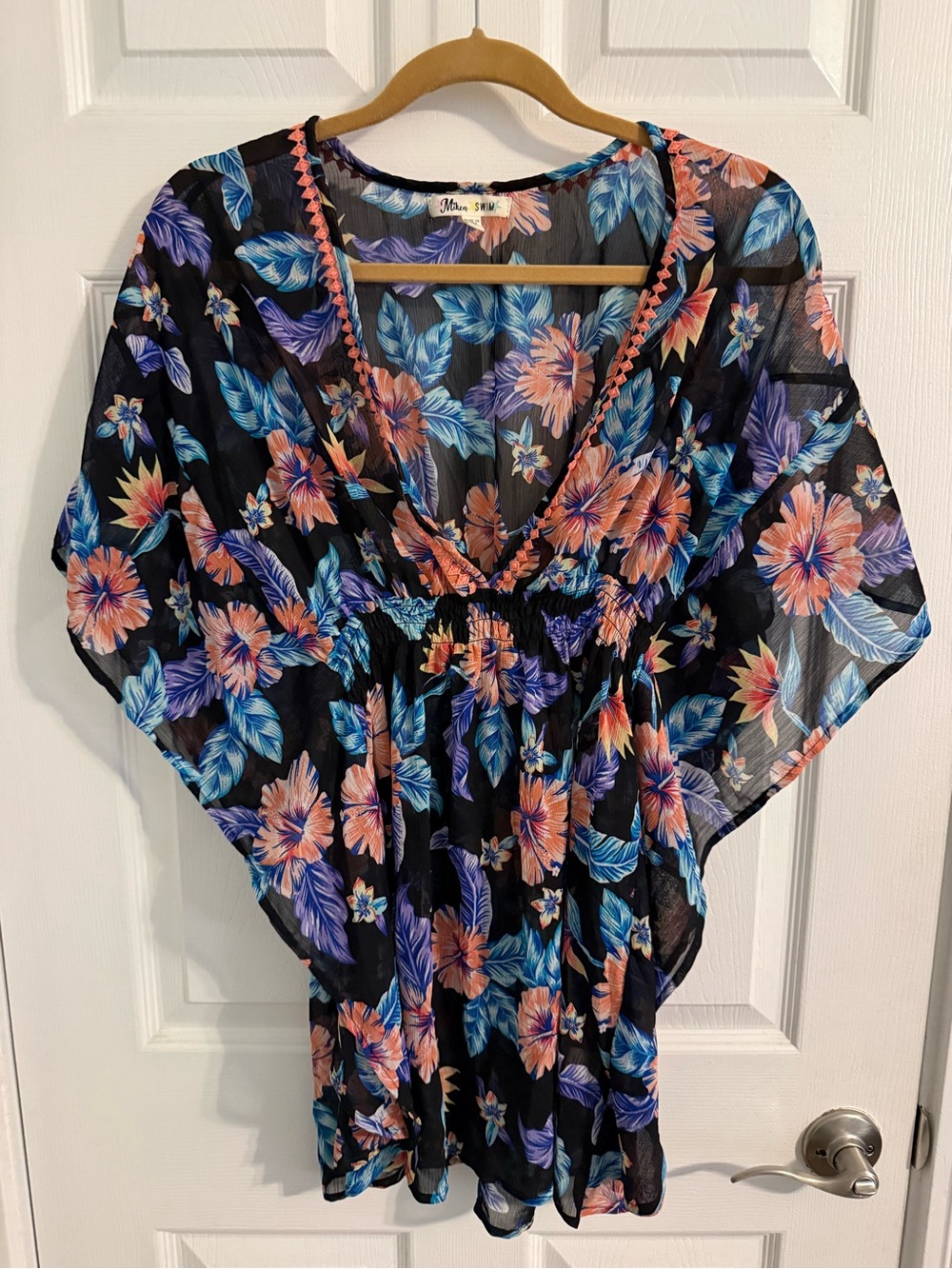 Miken Black Floral V-Neck Tunic Coverup Coral & Blue Blooms and Lavender Leaves
